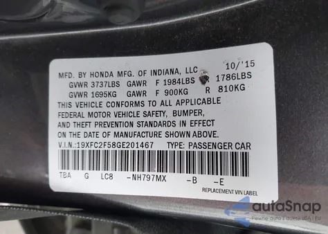 2016 Honda Civic Lx z USA, uszkodzony, nr VIN 19XFC2F58GE201467